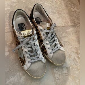 Golden Goose superstar, leopard, metallic laces. Size 39.